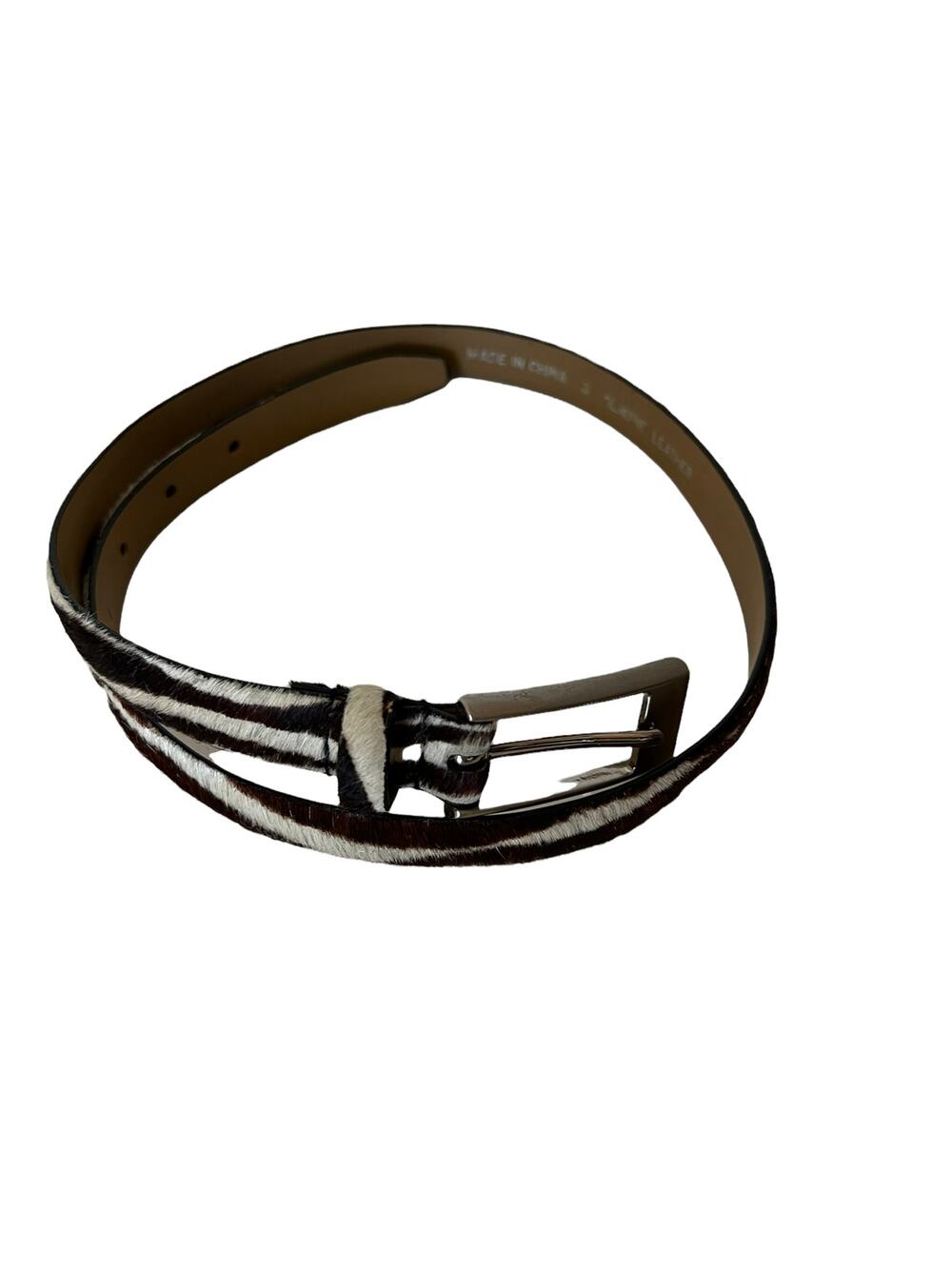 Furry Zebra Belt ivory brown genuine leather Sz s